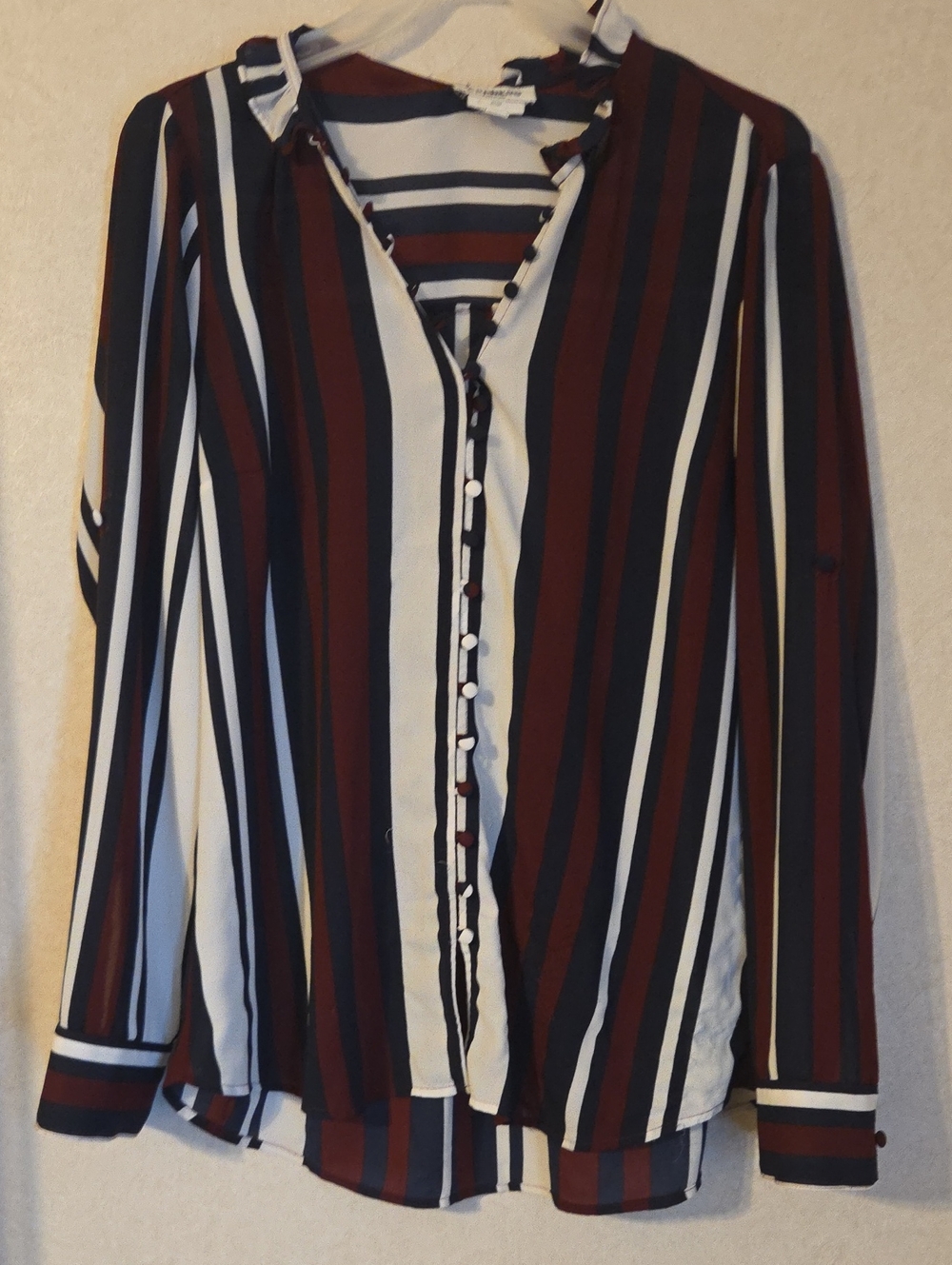 Express Vertical Stripe Button-Down Shirt - Burgundy, Black & White